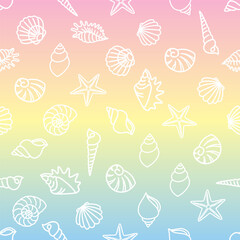 Seamless pattern of various seashells and starfish in white outlines on a gradient pastel colors background, often used for backgrounds, textiles, and other decorative purposes. 