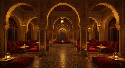 Obraz premium Ornate Moroccan Interior with Arches, Pillars, and Red Velvet Seating | Luxurious Middle Eastern Design for Travel, Architecture, and Cultural Marketing