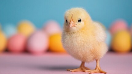 Fluffy Yellow Chick Freshly Hatched Standing on Soft Background
