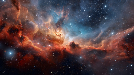 Fototapeta premium Expansive red, orange, and blue cosmic nebula with glowing stars in deep space