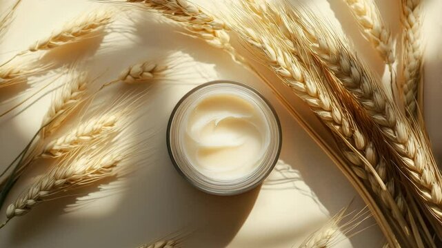 A nourishing cream in a glass jar is beautifully presented alongside golden wheat stalks on a rustic wooden surface, symbolizing natural skincare, organic ingredients, and wholesome beauty. 