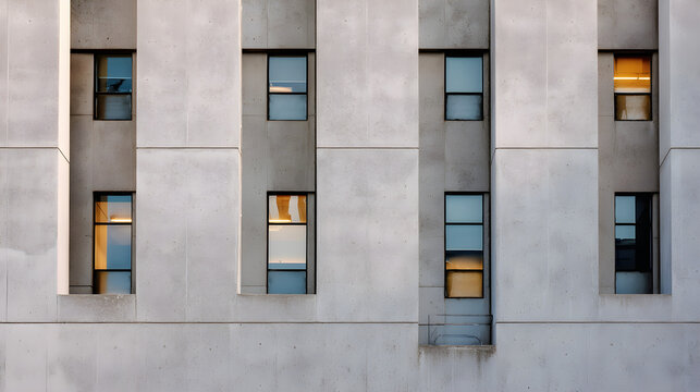 Facade of concrete building with abstract window arrangement