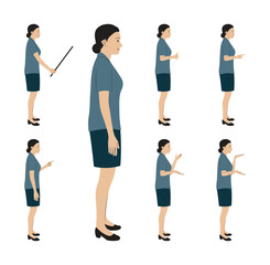 Fototapeta premium Woman Pointing and Talking in Side View - Vector Character for Education, Communication, and Presentation.