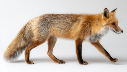 Fototapeta premium Fox walking gracefully across a light background in a studio setting during daylight hours