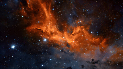Fototapeta premium Fiery orange nebula in deep space with stars scattered throughout, high contrast
