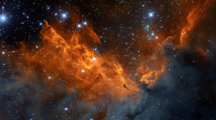 Naklejka premium Fiery orange nebula in deep space with stars scattered throughout, high contrast