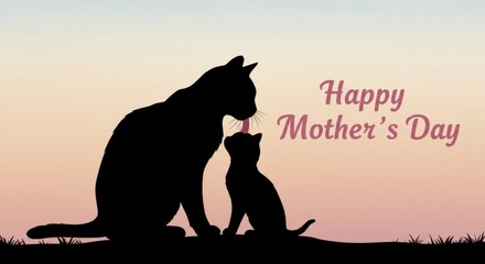 Silhouettes of a loving mother cat and kitten on a tranquil Mother's Day.