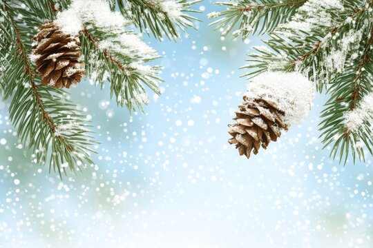 Snowy evergreen branches with pine cones