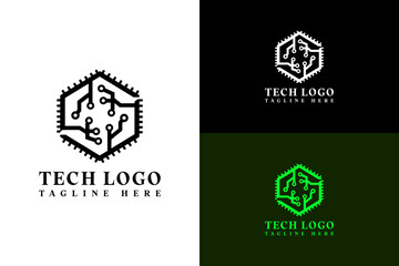 vector illustration of bold lines hexagon shape chip with circuit, logo for blockchain, information technology, internet of things, artificial intelligence, cloud computing, tech, and more