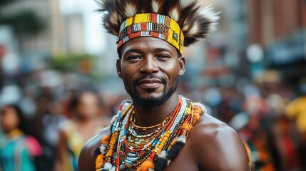 Obraz premium A man wearing a colorful headdress and a necklace stands in a crowd. He is smiling and he is enjoying the moment