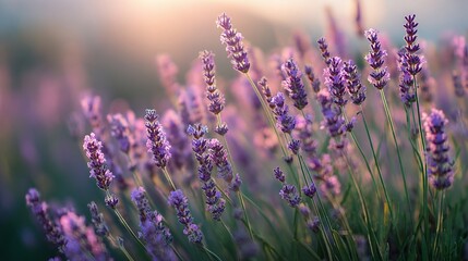 Naklejka premium Soft Lavender Field in Early Morning Light with Gentle Breeze