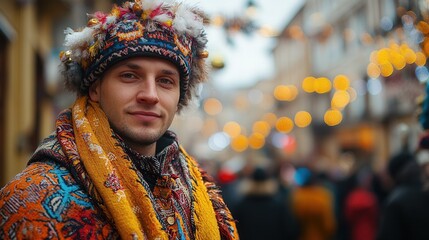 A man wearing a colorful hat and scarf stands in front of a crowd of people. The scene is lively and festive, with the man's bright outfit and the crowd's presence creating a sense of energy