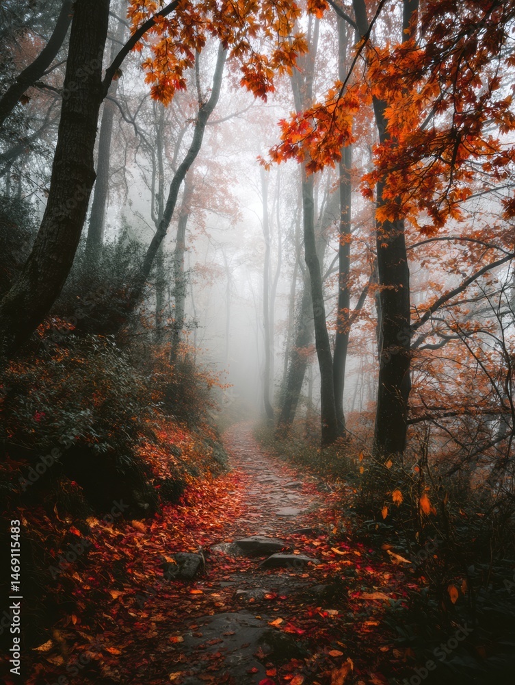 Poster foggy forest trail lined with vibrant orange and red leaves creating a serene autumn atmosphere gene