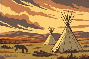 42 detailed digital painting of a rural landscape with teepees in the foreground under a dramatic sky, deer in the foreground, sunset, warm colors, photorealistic, 8k, highly detailed, cinematic, epic © Md Ruhul Amin