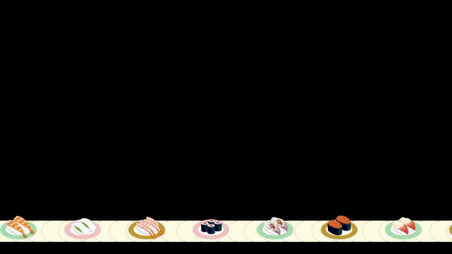 下部に様々な種類のお寿司が流れるレーンのベクターイラストフレーム動画(Sushi Conveyor Belt Vector Frame Animation &ndash; Bottom Version)