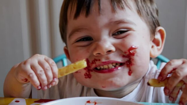 Toddler grabs ketchup‑smeared fries with both hands, messy eater giggles at splats, shirt shows art while messy eater chomps crunchy snack, carefree squeals crown every messy eater bite.
