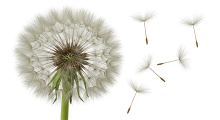 Isolated Dandelion Seed Head with Flying Seeds in Wind