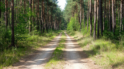 Fototapeta premium Serene road cutting through dense forest, surrounded by tall trees and lush greenery, invites exploration and adventure