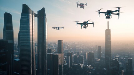 Drones Hovering Over Futuristic Cityscape, A Glimpse into Urban Innovation and Technology