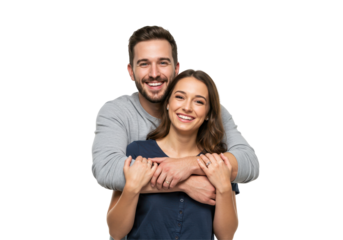 Cheerful couple standing closely embraced, expressing happiness and affection.  isolated on transparent png