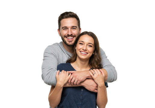 Cheerful couple standing closely embraced, expressing happiness and affection.  isolated on transparent png