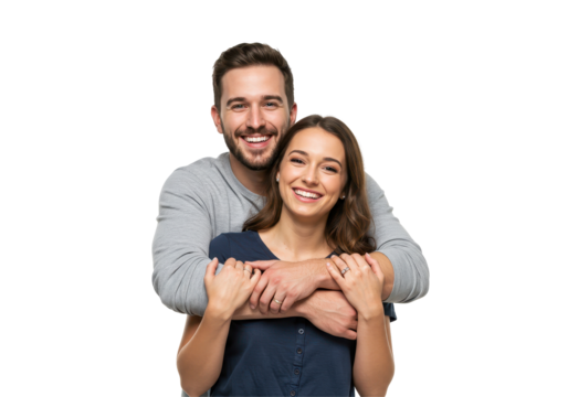 Cheerful couple standing closely embraced, expressing happiness and affection.  isolated on transparent png - Powered by Adobe
