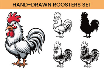 Hand drawn roosters set. Engraved style and cartoon vector illustration. This is a template for your design work. It is isolated on a white Background.