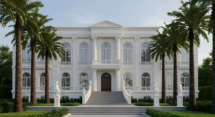 Fototapeta premium Luxury White Mansion Exterior with Palm Trees | Opulent Residence Facade with Steps and Sculptures for Real Estate Marketing and Architecture Visualization