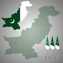 Obraz premium Pakistani realistic geopolitical dotted map. Pakistan realistic vector map with flagpole. Business solid map of Pakistan in national border. Territorial of Islamic country Pakistani dotted map.