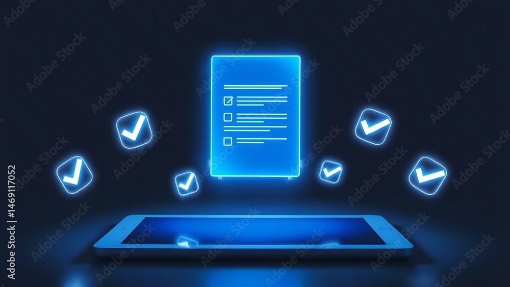 Poster digital checklist app on tablet glowing neon blue checkmarks task management productivity software t