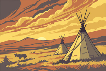 42 detailed digital painting of a rural landscape with teepees in the foreground under a dramatic sky, deer in the foreground, sunset, warm colors, photorealistic, 8k, highly detailed, cinematic, epic