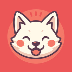 Adorable cartoon fox with a happy smile on a coral background.