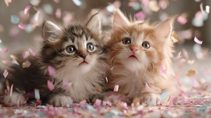 Fototapeta premium Two Fluffy Kittens Playing with Colorful Confetti in Bright Setting