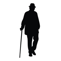 Silhouette shows an elder African man walking with a cane wearing a hat