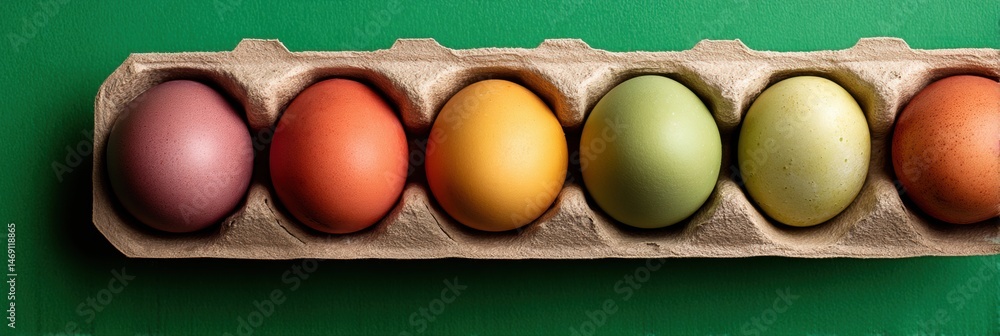 Aufkleber vibrant colored eggs arranged in recycled paper box on a smooth green gradient background for festiv