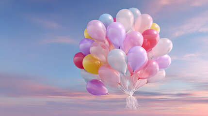 Cluster of pastel balloons floating in soft gradient sky