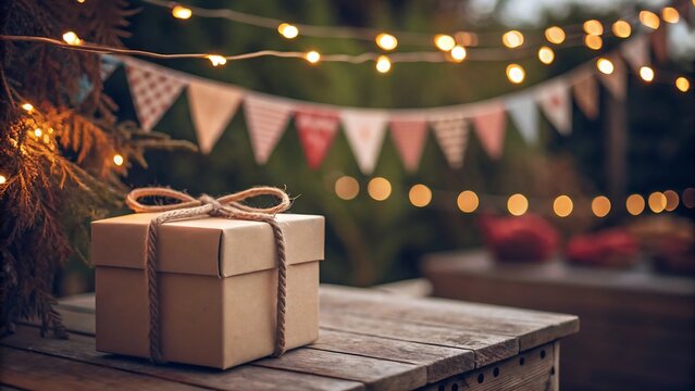Rustic gift box on wooden table with festive lights and bunting, perfect for holiday celebrations and heartwarming moments.