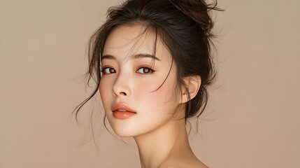 Young Asian woman with glossy lips and messy updo hairstyle