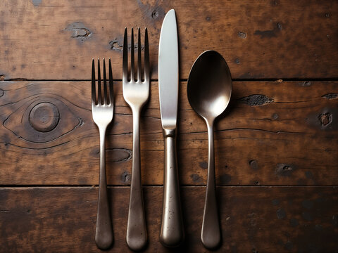 Black fork, knife, and spoon on vintage wooden table, elegant dining setup. Generative AI