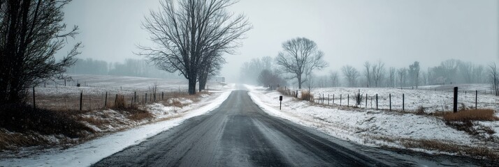 Lonely Road Stretches Through an Icy Winter Landscape Under a Gloomy Sky in a Secluded Rural Area Generative AI
