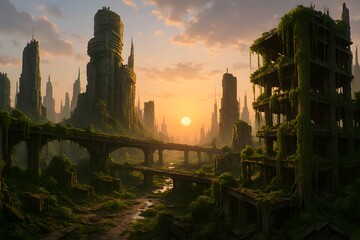 Overgrown Futuristic City Ruins at Sunset – Post-Apocalyptic Urban Jungle, Nature Reclaiming Sci-Fi Megacity, Digital Painting Landscape