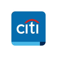 Citi logo featuring a blue square background with the word citi in white and a red arc above it