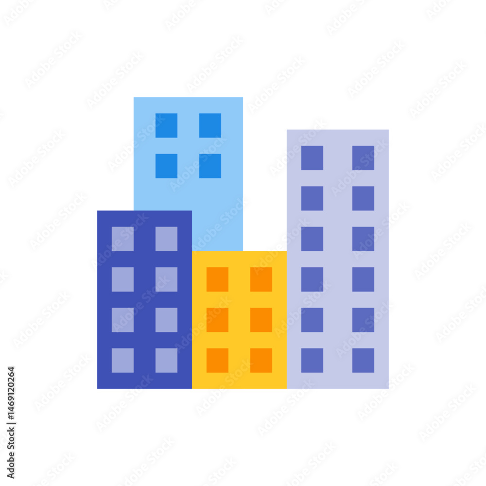 Poster illustration of four buildings of different heights and colors with square windows in a simple style