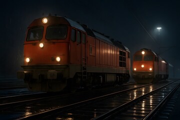 Fototapeta premium Red Train Engines at Night on Wet Tracks – Rainy Railway Scene with Dramatic Lighting