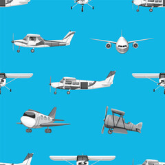 Seamless vector pattern featuring various airplane illustrations in a clean, modern style. Ideal for travel-themed designs, aviation backgrounds, wrapping paper, textiles, and digital use.