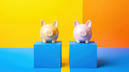Vibrant display of two piggy banks colorful blocks symbolizes savings and financial planning, evoking sense of joy