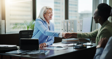 Business, woman and handshake with couple in consultation for welcome, insurance planning and...