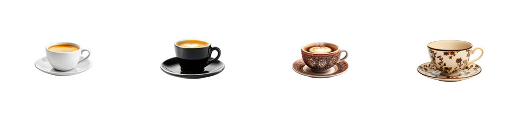 Variety of Coffee Cups with Saucers Isolated, cut out transparent