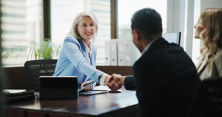 Business, woman and handshake with couple in office for finance consultation, debt management and welcome. Financial advisor, mature person and shaking hands in meeting for insurance planning or help
