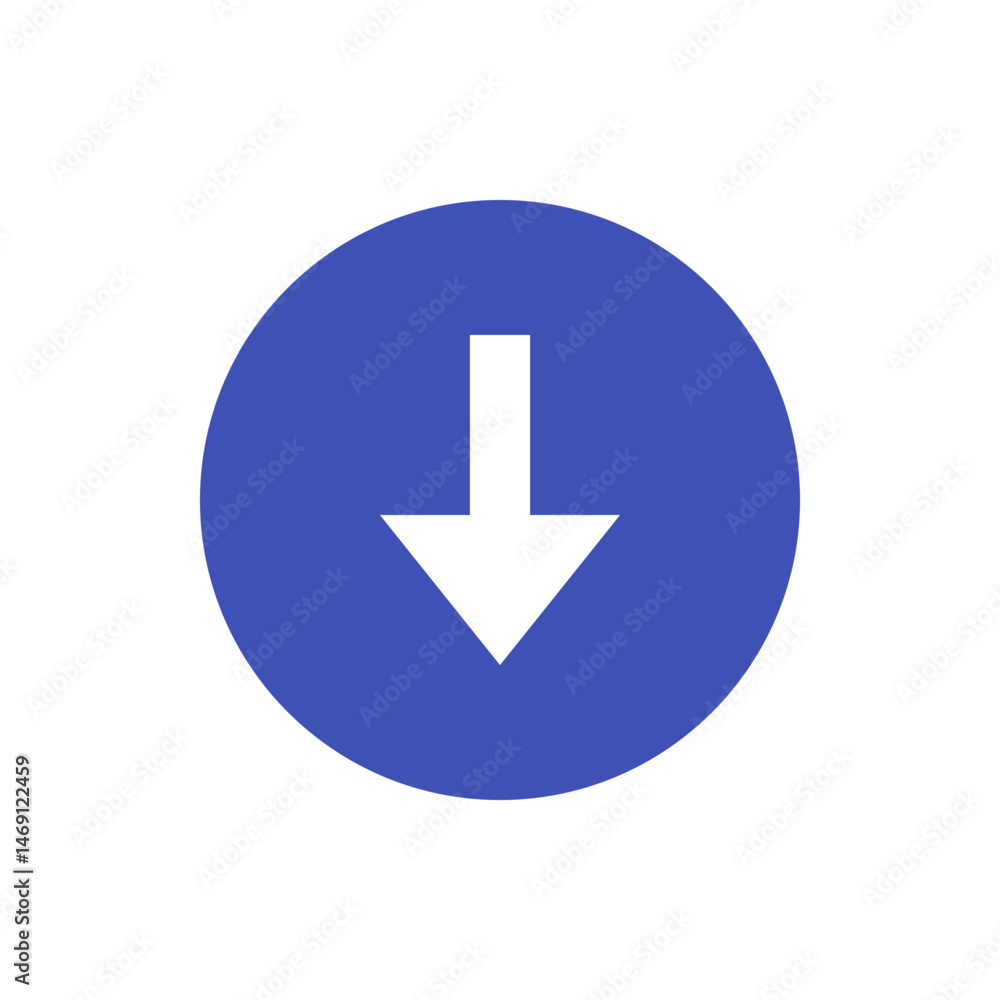 Poster a downward pointing white arrow centered within a solid blue circle on a white background design ele